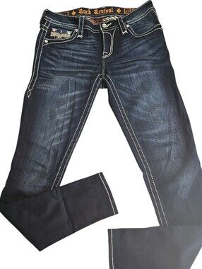 Rock Revival Women's Dark Indigo Skinny Jeans with White Contrast Stitching